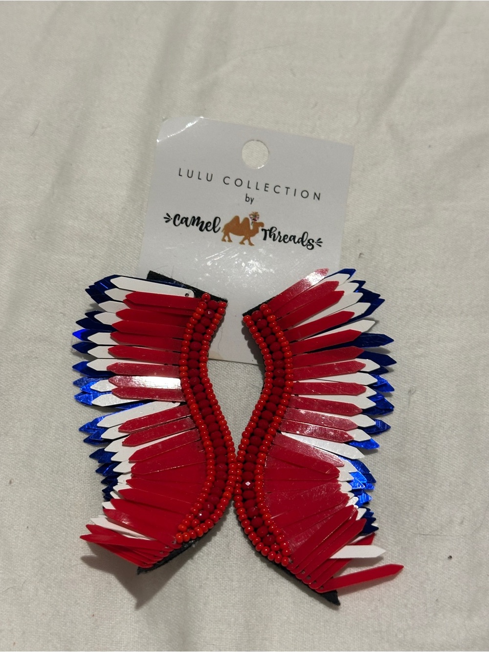 Lulu Collection Red Beaded Feather Earrings by Camel Threads -